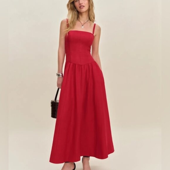 NEW Reformation Katarin Linen Midi Dress Lipstick Red Lace Detail | US 0 UK 4 - Picture 1 of 15